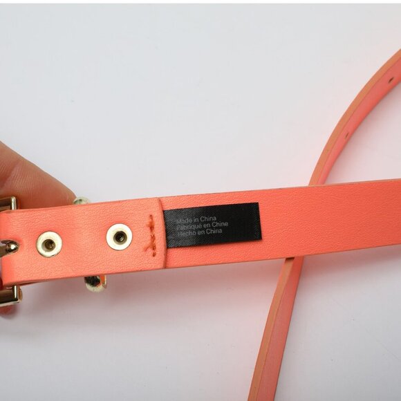 H&M Faux Leather Skinny Belt Bright Hot Coral Neon Orange Peach Gold Vegan - Picture 10 of 10